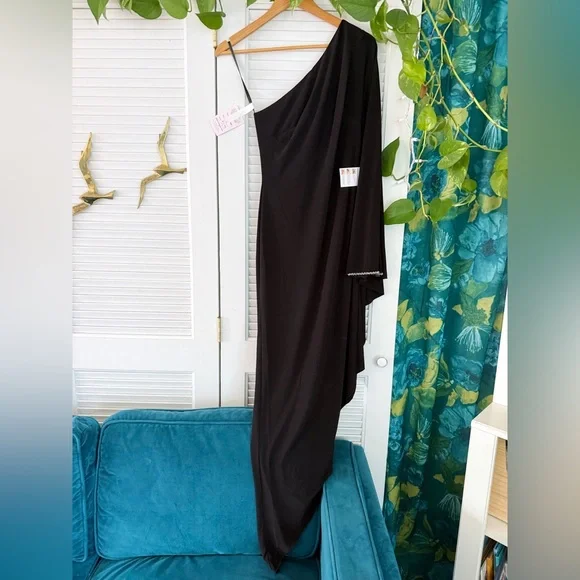 Mac Duggal | 11247 Black One Shoulder Asymmetrical Hem Flowy Dress New 4 Holiday - Picture 4 of 16